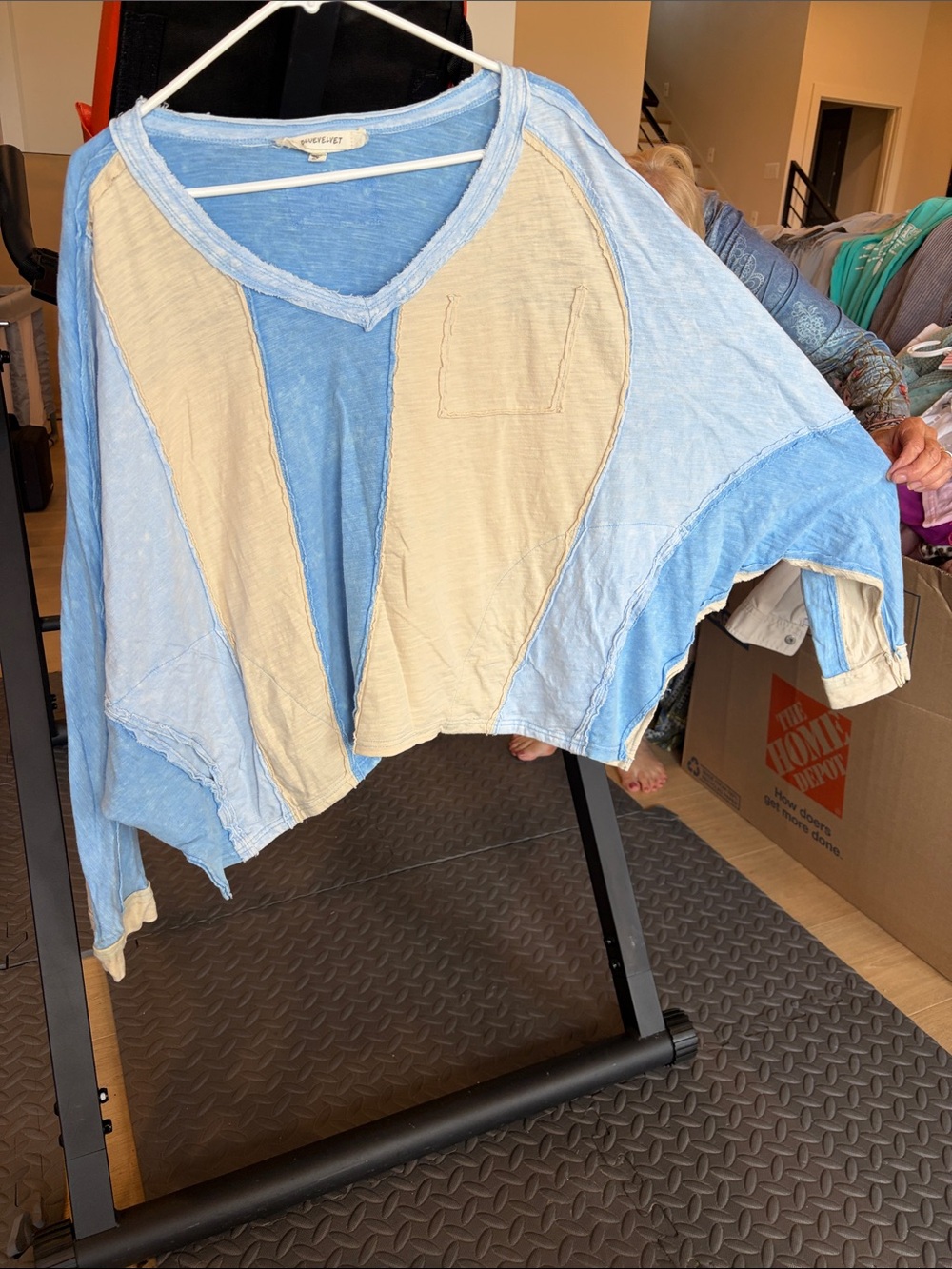 Light Blue & Cream Patchwork V-Neck Blouse
